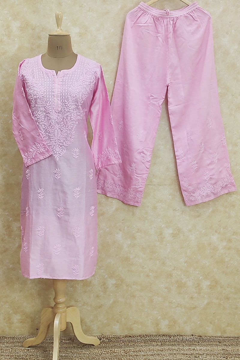 Pink Colour Muslin Cotton Hand Embroidered Lucknowi Chikankari Kurta Bottom Set MC252036